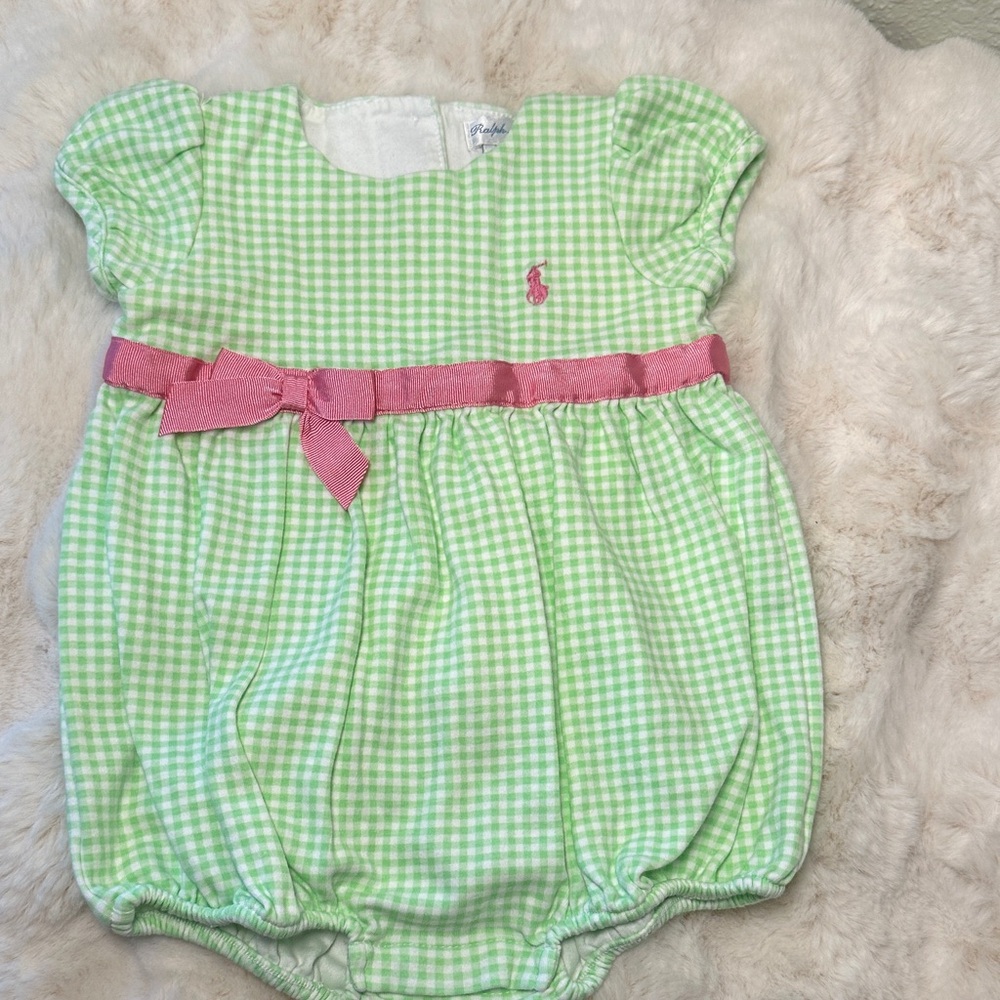 Green Gingham Baby Romper with Pink Bow